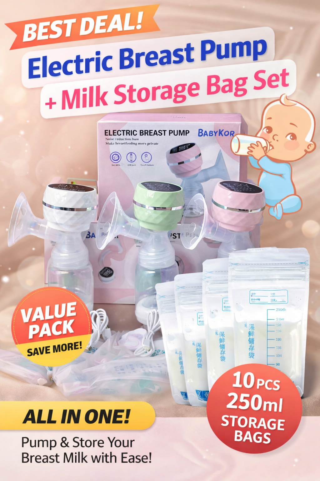Tire-Lait Électrique + 10 Sachets de Conservation