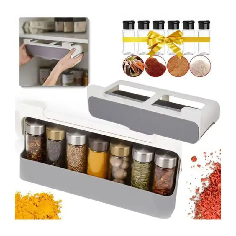 Rangement d'Épices de Cuisine + 6 Pots d'Épices Offerts – Étagère Murale Polyvalente