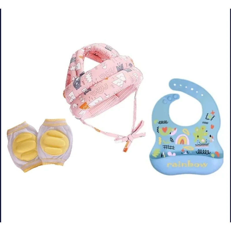 Pack Protection Bébé 3-en-1 : Casque, Genouillères, Bavoir