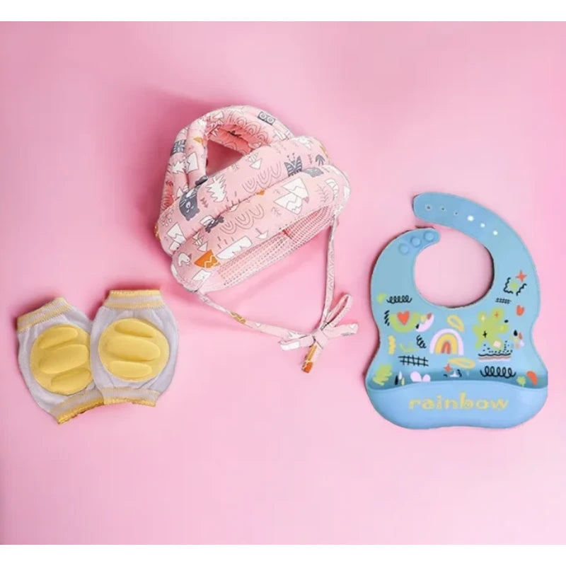 Pack Protection Bébé 3-en-1 : Casque, Genouillères, Bavoir